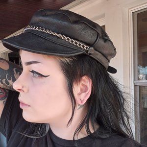 Black Leather & Chain Biker Cap